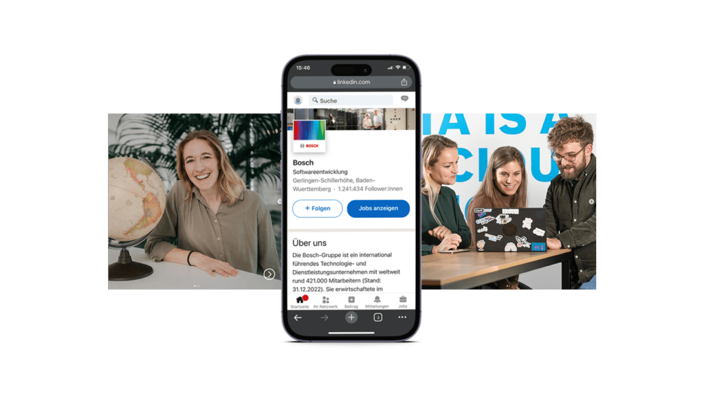 Bosch LinkedIn Kanal auf einem Handy + Employer Branding Bilder